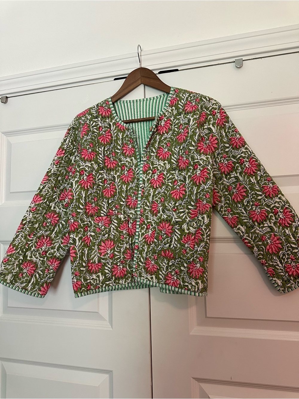 Quilted Floral Jacket in Green & Pink - Women - XS fit - no size tag